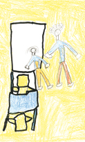 dessin d'enfant représentant un enfant accompagné d'un adulte près d'un tableau